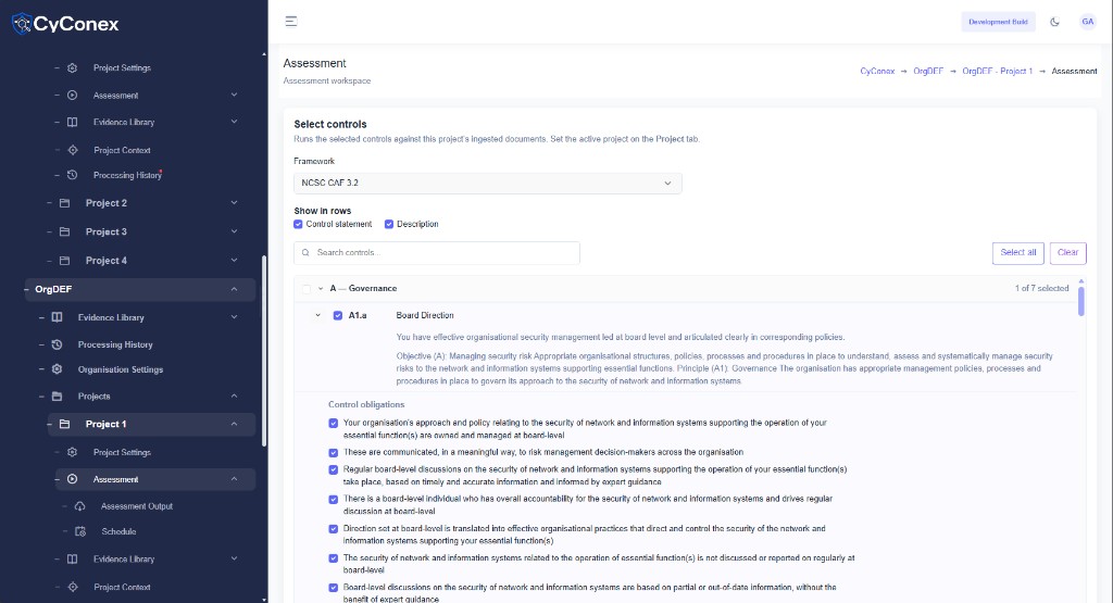 CyConex assessment workspace with NCSC CAF control selection