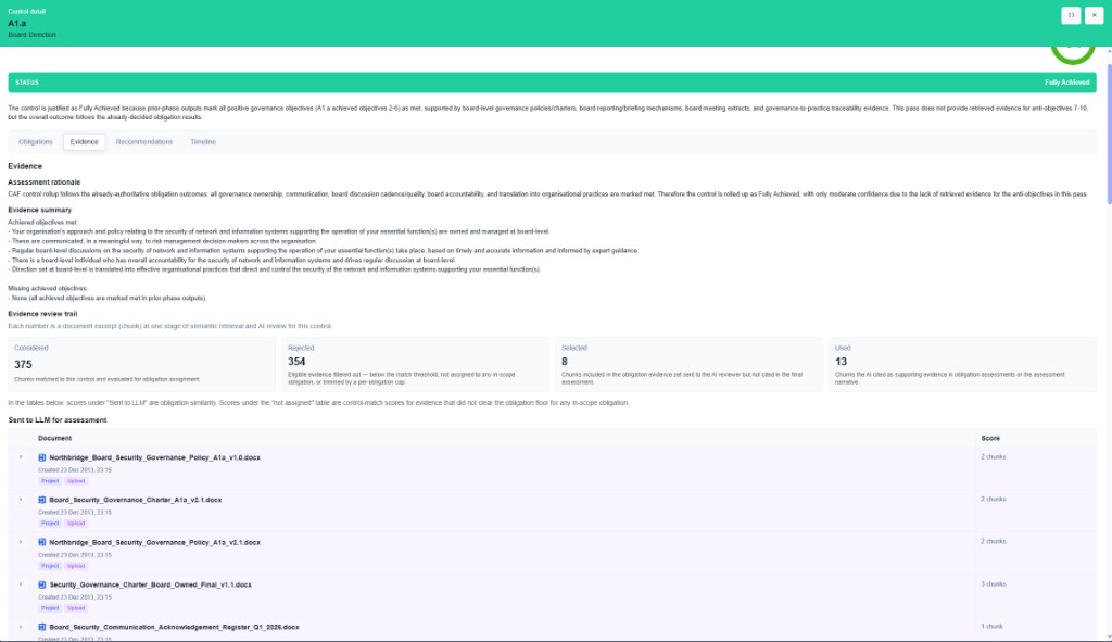 CyConex control detail evidence tab with AI review trail and documents sent for assessment