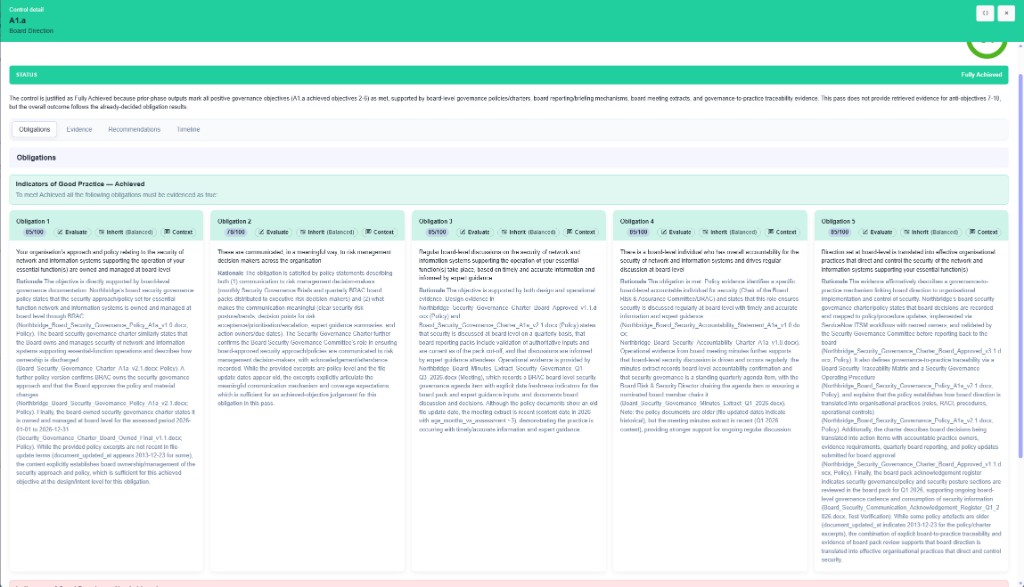 CyConex control detail showing NCSC CAF IGP obligations with evidence rationale