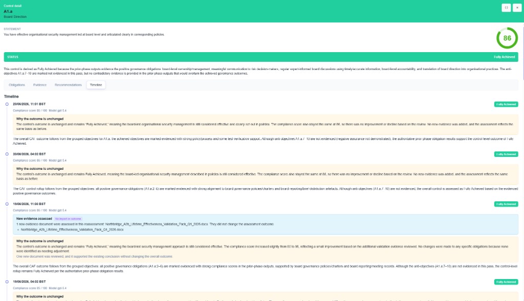 CyConex control detail timeline showing assessment history and compliance score changes