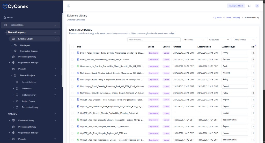 CyConex evidence library with document ingest and relevance settings